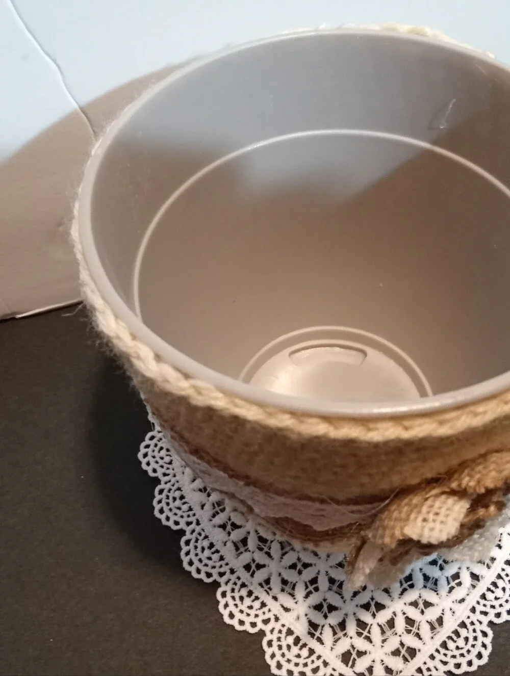 Hand Crocheted Neutral Tan Flower Pot with Decorative Burlap Trim